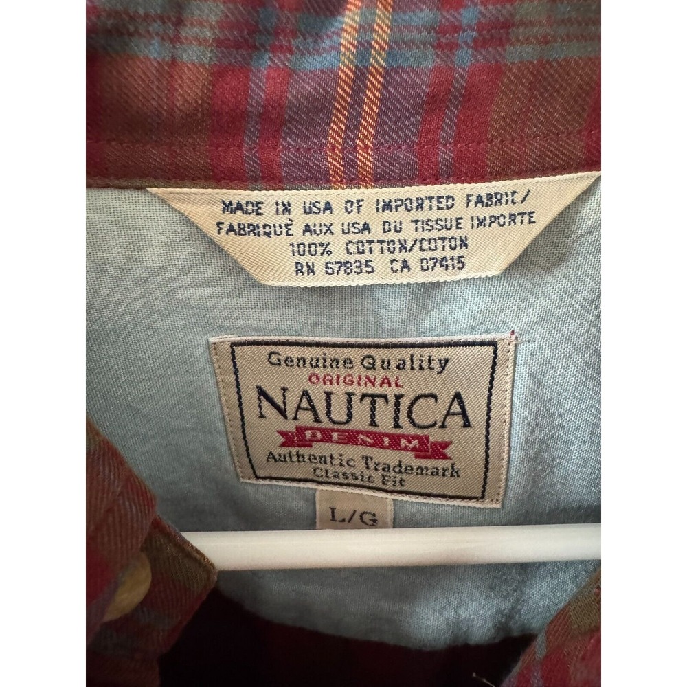 Vintage Nautica Denim Plaid Red Jean Retro 90s Men Sz L Made in USA - Picture 2 of 3